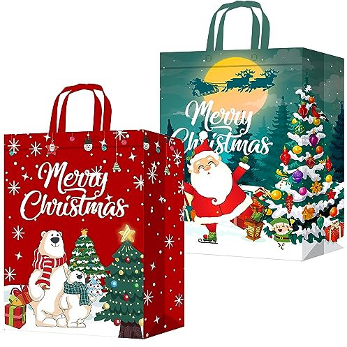 2 Pack Christmas Tote Bag, Extra Large Reusable Grocery Bag with Handle, Present Bag, Shopping Bag for Holiday Xmas Event Party