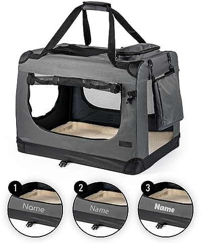 lionto Caisse de Transport Pliable pour Chien & Chat, 50x34x36 cm, Tissu Oxford Robuste + poignées & Couverture, pour Animaux Jusqu’à 10 kg, Caisse pour Petits & Grands, Gris (avec nom imprimé)