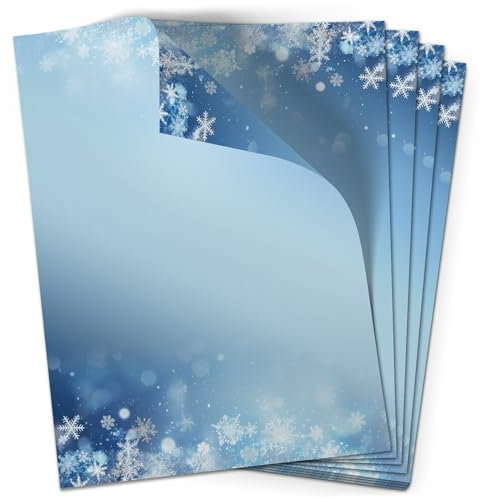 50 Blatt Briefpapier (A4) | Blue Snowflakes Blau | Weihnachtspapier Winter Weihnachten | edles Design Papier | beidseitig bedruckt | Bastelpapier | 90 g/m²