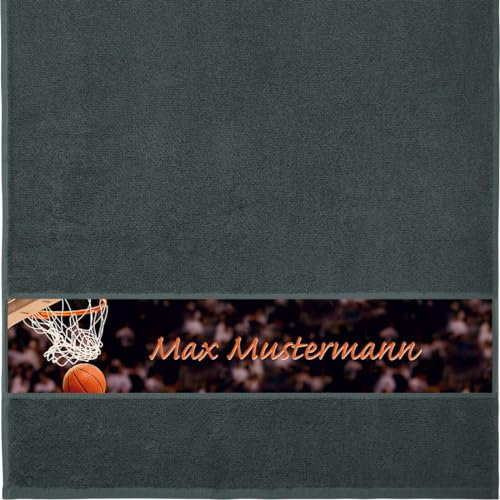 Handtuch mit Namen - personalisiert - Motiv Sport - Basketball - viele Farben & Motive - Dusch-Handtuch - anthrazit - Größe 50x100 cm - persönliches Geschenk mit Wunsch-Name