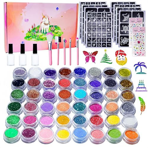 Stutfree 48 Farben Glitzer Tattoo Set Kinder, Temporäre Glitzertattoos Mädchen, Glitzer Tattoo Set Mädchen, Tattoo Kinder Glitzer Make Up Kit für Karneval Geburtstag Partys Geschenk