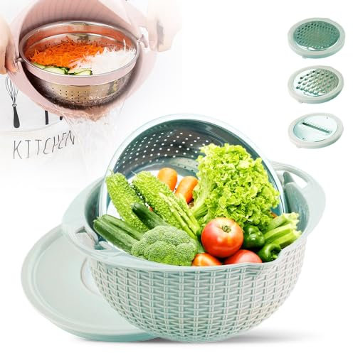 4-1 Colander avec bol de mélange, ustensiles de cuisine pour laver, couper et pétrir, Spinner à salade, passoire à pâtes, tamis à riz, nettoyant aux fruits, lavage végétarien, saladiers (bleu)