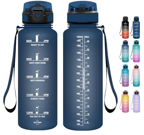 Grsta Gourde - 1500ML - Gourde Sport, sans BPA, Gourde Motivation Avec Paille, Bouteille d'eau avec Marqueur de Temps pour la randonnée, l'école, Le Bureau, en Plein air - Bleu marine