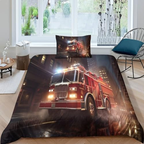 HOTGE Bettwäsche 3D Feuerwehrautos Bettbezug Set Mit Reißverschluss Und Kissenbezug, Mikrofaser Rot Bettwäsche Set Für Erwachsene Kinder Single(135x200cm)