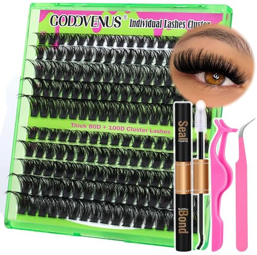 Cluster Lashes Glue Bond and Seal Thick Eyelash Extension Kit Individual Eyelashes 80D+100D DIY Lash Extensions Kit with D Curl Russian Eyelash Extensions Lash Glue Lash Tweezers by Goddvenus
