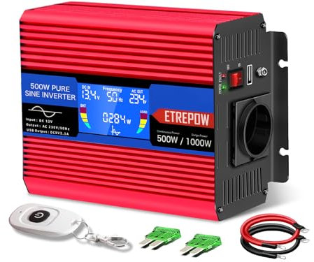 ETREPOW 500W/1000W Wechselrichter 12V auf 230V Reiner Sinus Spannungswandler Konverter Pure Sine Wave Power Solar Inverter mit LCD Bildschirm