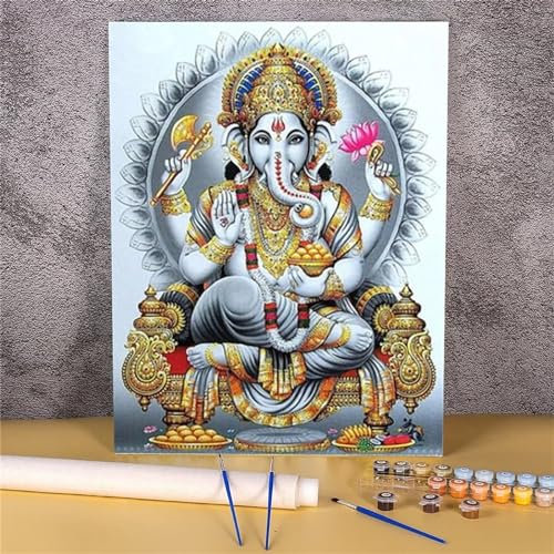 Indien Ganesha Malen nach Zahlen Erwachsene ohne Rahmen Malen Nach Zahlen Kits DIY Ölgemälde Leinwand Gemälde Set mit Pinsels und Farbe Acryl Malerei für Erwachsene Geschenk für Home Deko,60x75cm