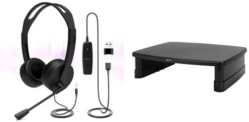 Venker EL USB Headset with Microphone, 3.5mm/USB Jack 2-In-1 Computer Headset & Amazon Basics Rectangular Adjustable Computer Monitor Riser Desk Stand