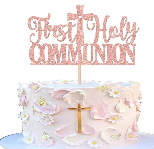 Xsstarmi 1 Pack First Holy Communion Cake Topper Glitter God Bless Cross Cake Pick Religious Christian Baby Baptism Cake Decorations Baby Shower Birthday Party Supplies Rose Gold