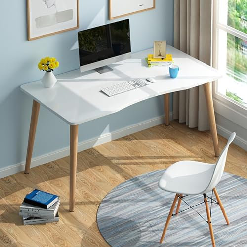 Saterkali Escritorio de madera, mesa de estudio para oficina en casa con patas sólidas, escritorio de trabajo de computadora de estilo nórdico, escritorio espacioso con borde ergonómico para oficina