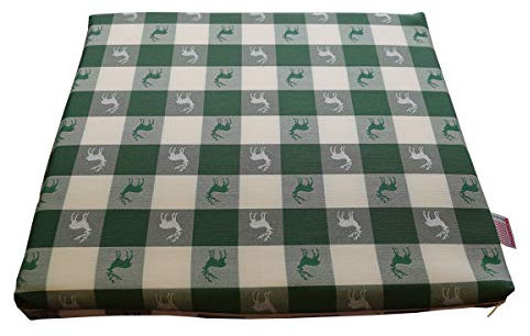 Sitzkissen Karo mit Hirsch Grün | 1 Stück Stuhlkissen komplett mit Schaumstoff-Füllung 35 x 38 x 3,5 cm | passend zur Landhaus-Serie - langlebig, grün-weiß kariert aus Webstoff mit kleinen Hirschen