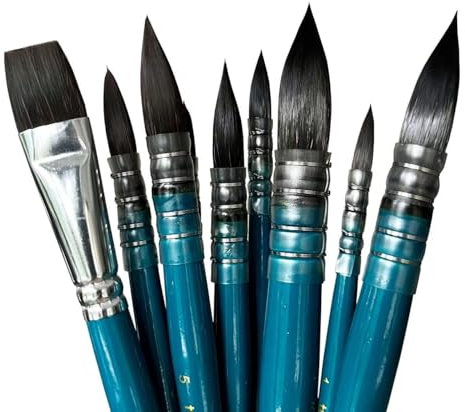 tumuart Lot de 9 pinceaux aquarelle, manche court, poils d'écureuil synthétiques, n° 0, n° 8, 8 ronds et 1 plat n° 7, pour aquarelle et acrylique, idéal pour les artistes et les bricoleurs