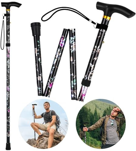 Flintronic Unisex Faltbar Gehstock, Klappbar Bergstock, 5-Stufig Höhenverstellbar, Leicht und Tragbar für Bergsteigen, Wandern, Camping(Schwarzer Druck)