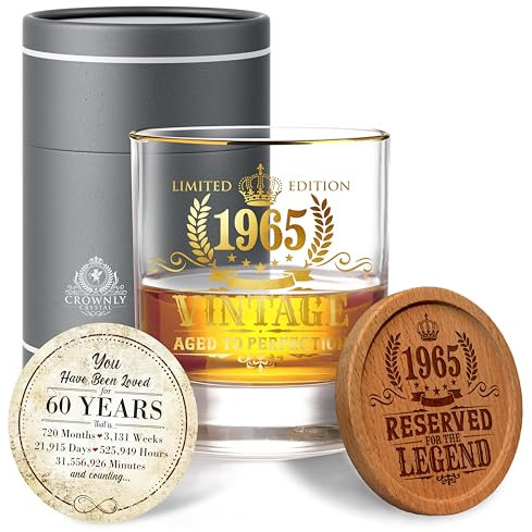 CROWNLY CRYSTAL® 1965 Verre A Whisky Original 60 Ans - Cadeau Personnalisé Decoration Anniversaire - Idée Pour Papy, Grand-Père, Homme