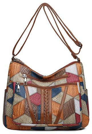 FUNSEED Sac à bandoulière pour femme, sac à bandoulière vintage coloré en treillis patchwork avec plusieurs compartiments pour le travail, multicolore, Large