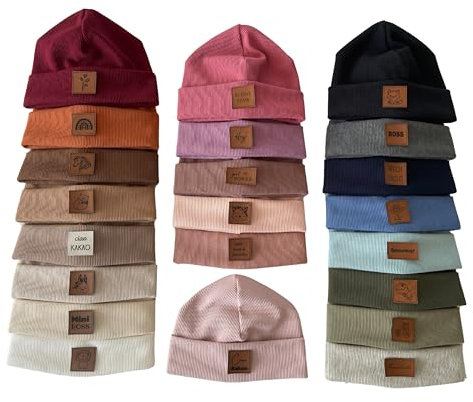 Herbst Winter Beanie Mütze für Kinder aus Rippjersey Kindermütze mit Kunstleder Label 23 Farben Mädchen Junge Baby Kleinkind personalisiert Babymütze Weihnachtsgeschenk (4 - Taupe)