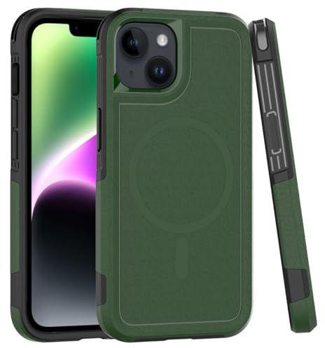 XYZNTMF for iPhone 14 Case iPhone 13 Phone Case Military Grade Shockproof Bumper Case Matte Hard PC Shell Soft Rubber Bumper Support Magnetic Wireless Charging Cover Case for iPhone 14/13, Green