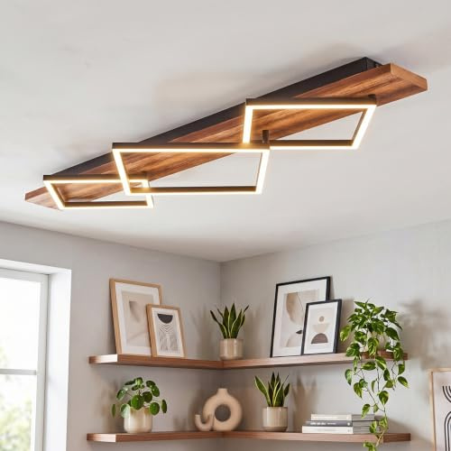 HOFSTEIN LED Deckenleuchte Pompu, Deckenlampe aus Metall/Holz/Kunststoff in Dunkelbraun/Schwarz/Weiß, 42W, 5400 Lumen, 3000 Kelvin, moderne Leuchte für Schlafzimmer, Esszimmer, Wohnzimmer, Küche, Flur