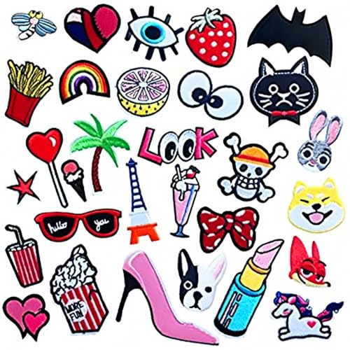 Patches zum Aufbügeln, 34 Stück Aufnäher Patches Bestickte Aufnäher leuchtende Farben, für Bestickte Aufnäher Aufbügeln für Hut, Jeans, Jacken, DIY