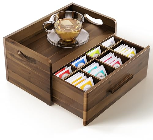 Tinamo Teebox aus Akazienholz mit Schublade – Teetruhe für Teebeutel Aufbewahrung – Tee- und Kaffee-Organizer – Teetablett und Behälter aus Holz für Arbeitsplatte (Walnuss)