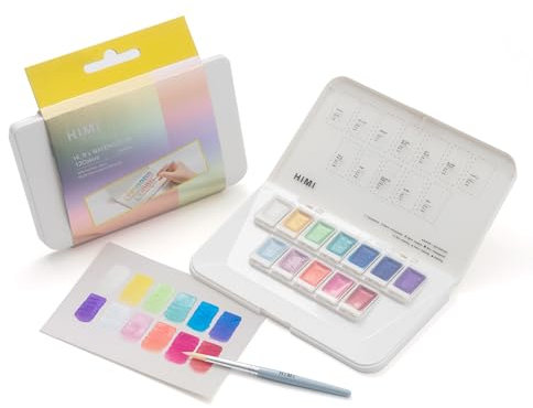HIMI Metallic Aquarellfarben Set 12 Farben, Reise Aquarellfarben mit Pinseln, Bastelzubehör, schimmernde metallische bunte Farben Set, Zeichnen Geschenke für Jugendliche Erwachsene (Pearl)