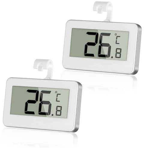 Digital Fridge Thermometer, 2 Pcs Mini Waterproof Freezer Thermometer Monitors with Read LCD Display & Hanging Hook & Adjustable Stand for Refrigerator (Celsius/Fahrenheit Switchable)