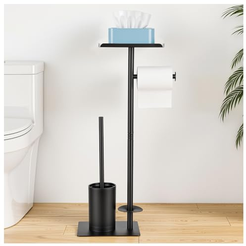 Porta Carta Igienica Autoportante con Ripiano Superiore,Porta Carta Igienica da Terra con Scovolino per WC,Non Richiede Forature, Facile da Installare, Ideale per Riporre Oggetti in Bagno