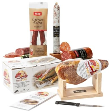 Spanisches Tapas Party Deluxe Set | Mini Serrano Schinken (1kg) mit Ständer & Messer + Chorizo, Lomo, Fuet | Gourmet Geschenkkorb & Feinkost aus Spanien