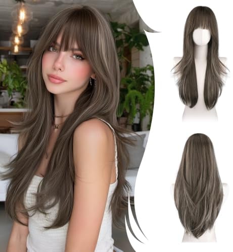 RUWISS Lange Gerade Perücken Braun mit Grauen Strähnchen mit Pony, 65 cm Perücken Damen Geschichtete Synthetische Haar Perücken Frauen für Tägliche Party Cosplay