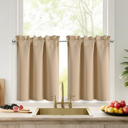 DWCN Scheibengardinen Blickdicht Küche Biscotti Beige H45xB90cm 2er Set | Gardinen Kurz, Verdunkelungsvorhang mit Stangendurchzug, Bistrogardine, Schrankvorhang, für Wohnwagen Kleines Fenster Tür