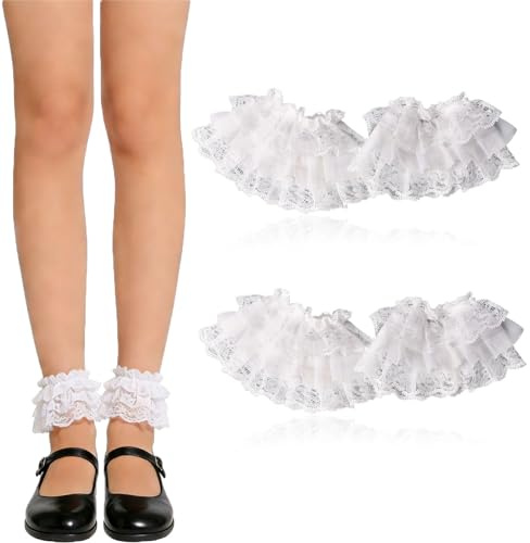 TSWNG 2 Paar Beinstulpen Damen Spitze, Stiefelstulpen Spitze Stulpen Mit Rüschen, Handgelenk Manschette Rüschen Armstulpen, Kurz Stulpen für Halloween Party Vintage Opern Hochzeit, Weiß