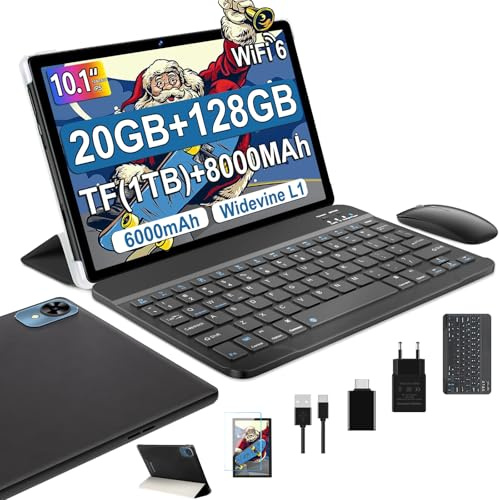 fezawio Tablet 10 Zoll Android,20GB+128GB,Octa-Core,Widevine L1,Schwarz | Tablet mit Maus und Tastatur,tablet gaming,5G/WIFI6,TF 1TB