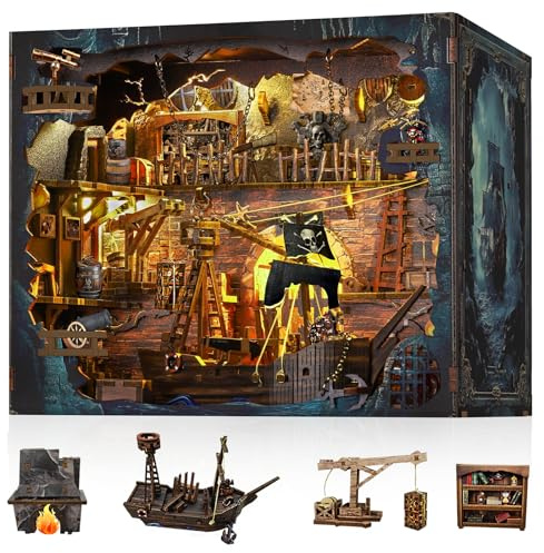 NookMaster Book Nook Kit mit LED | 3D Holzpuzzle Bausatz Erwachsene | Piratenbucht, Bücherregal Deko und Buchstütze, Piratenschiff mit Schatzfach, LED, Geschenk für Piraten-Fans, 16x20x16 cm