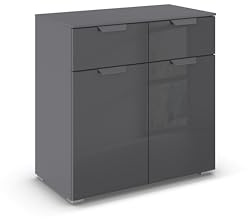 Rauch Möbel ADITIO, Kommode, Farbe Grau metallic/Glas Basalt, Breite 80 cm | Sideboard im modernen Look, 2-türig,2 Schubladen, Glasfront, Soft-Close-Funktion, für Schlafzimmer, Gästezimmer, Wohnzimmer