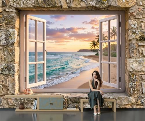 Papier Peint Panoramique Vue sur mer rurale par fenêtre 200x140cm Papier Peint soie Mural, Poster Plage coucher soleil vagues Mural 3D, pour Salon Chambre d'enfants restaurant Décoration Murale