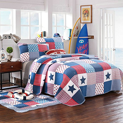 Lanqinglv 100% Baumwolle Tagesdecke 150x200cm Kinder Sterne Muster Patchwork Bettüberwurf Gesteppt Tagesdecke Quilt mit Kissenbezug Set Bettdecke Steppdecke