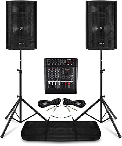 Complete 12 Passive Speakers, Powered Mixer, Stands & Cables for Live Music, Singers and Events, Bluetooth, DSP, 5 Channels, 2x 600W Speakers, Dual 500W Mixer, Speaker Stands, and 6m Cables