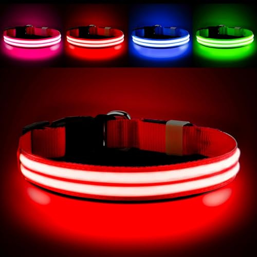 PcEoTllar Rechargeable LED Dog Collar, Waterproof, Safety Light, Red M | 7 flash modes. Perfect for night walks, running, camping. USB rechargeable, 8-10hrs.