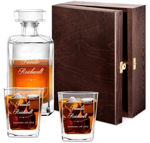 Maverton Whiskey Karaffe + 2/4 / 6er Whiskygläser Set mit Gravur - 700ml Whisky Dekanter - Geschenk zum Geburtstag für Damen - Familie