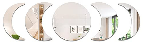 5 Stück Mondphase Spiegel Acryl Wandtattoo Aufkleber, Böhmischer Stil Mond Wandspiegel Aufkleber, Selbstklebende Kunstdekorationen für Schlafzimmer Wohnzimmer