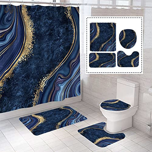 BEIFIVCL 4Pcs Luxury Marble Shower Curtain Sets, Bathroom Set with Shower Curtain,Toilet Lid Rug, Contour Mat and Bath Mat, Shower Curtain with 12 Hooks for Bathroom Sets Decor 72 x 72 Inch, Navy Blue