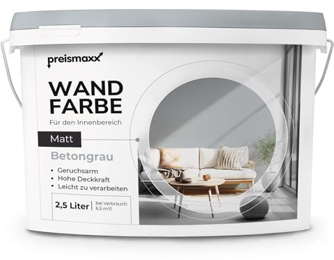Preismaxx Wandfarbe Grau Betongrau hohe Deckkraft matt hochdeckend 2,5l | Für Wände, Decken, Putz, Tapete & Altanstriche, geruchsarm, tropfgehemmt, Renovierung & Neuanstrich