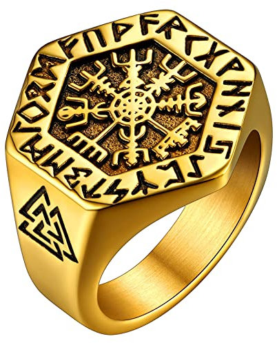 FaithHeart goldener Wikinger Vegvisir Ring in Umfang 64.6mm Wikinger Amulett Siegelring mit Rune Symbol Partnerring Freundschaftsring für Paar Pärchen