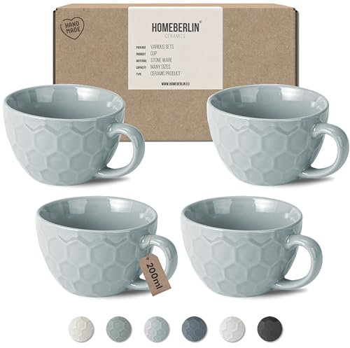 HOMEBERLIN® Design Cappuccino Tassen Set - 200ml Kaffeetassen 4er Set - Premium Kaffee Tassen Set aus hochwertigem Steingut - 4 moderne Kaffeetassen aus 100% Handfertigung - Dickwandige Kaffee Tasse