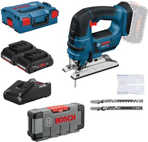 Bosch Akku-Stichsäge GST 18V-LI B / 2x 4,0 Ah ProCORE18V Akku + Ladegerät inkl. 30tlg. Stichsägeblätter-Set Wood in L-Boxx