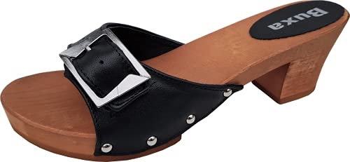 Generisch Elegante Schweden Holz Clogs - Gr.36-37-38-39-40-41 *SCHWARZ* Echt Leder Schuhweite NORMAL (39)