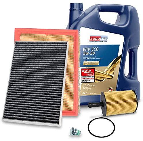 ATEC Germany Inspektionspaket Filterset mit 1x Ölfilter; 1x Luftfilter; 1x Innenraumfilter (Aktivkohle); 1x Ölablassschraube; 1x Motoröl 5W-30 SAE 5 l, KOMPATIBEL MIT - AUDI A4 B6, A4 B7, SEAT EXEO