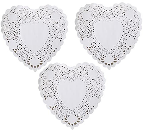 Herz-Papierdeckchen – 10,2 cm weiße Valentinstags-Spitzenpapier-Deckchen – Einweg-Papier-Tischsets – für Hochzeit, Geburtstag, Kuchen, Desserts, Geschirr, Lebensmitteldekoration, 100 Stück