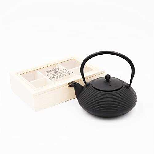 La Cafetière 900 ml Black Cast Iron Teapot with Infuser, Wooden 6 Compartment Tea Box Set