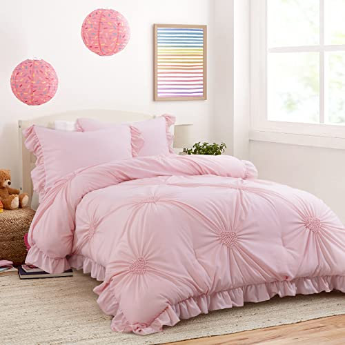 HOMBYS Bettwäsche-Set für Mädchen, 3-teiliges Bettwäsche-Set mit Quetschfalten, Rüschen, für alle Jahreszeiten, Doppelbett, Rosa
